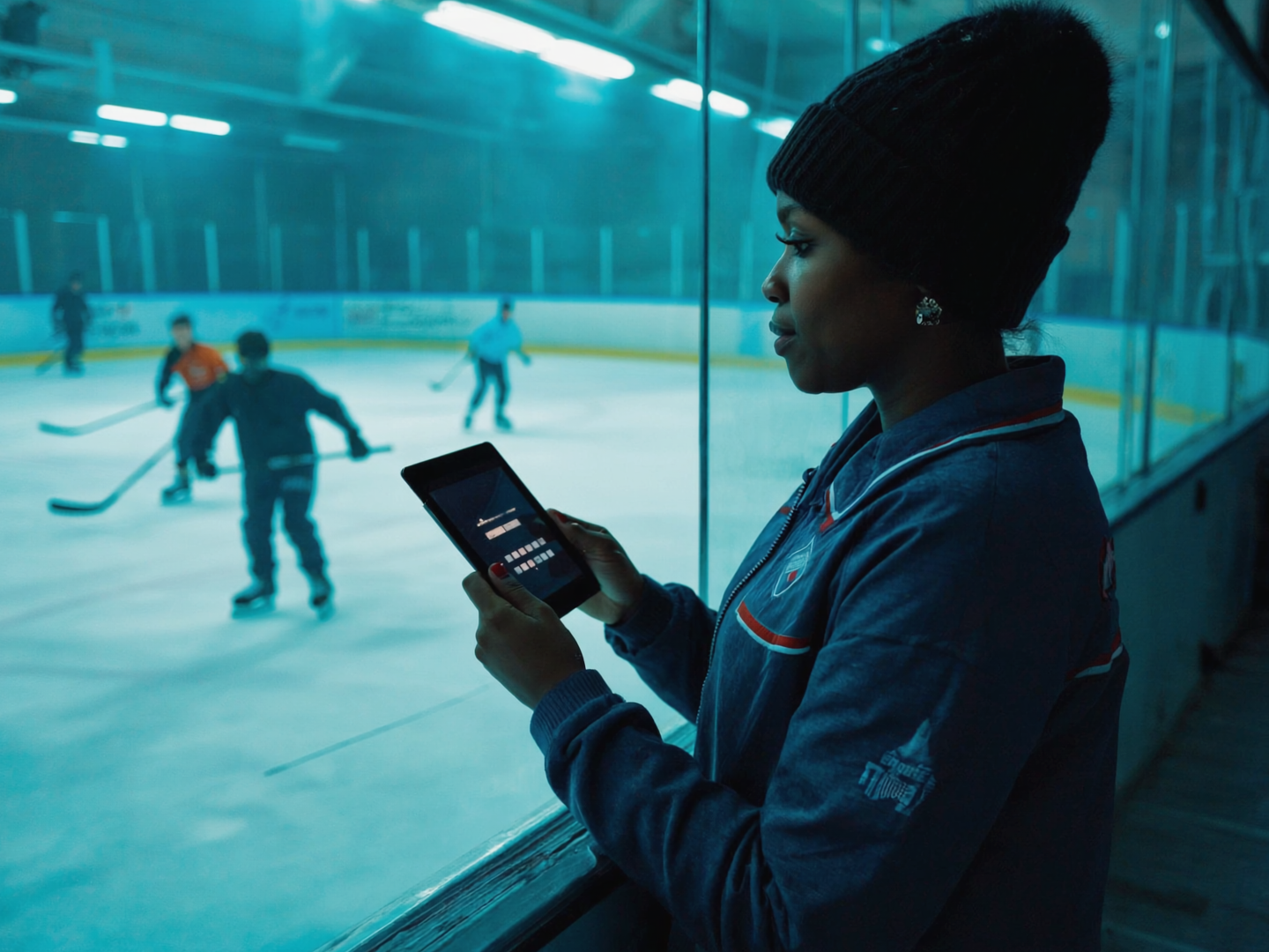 A youth hockey coach at the rink boards scoring an evaluation on a tablet while mite-age players run a drill behind the glass