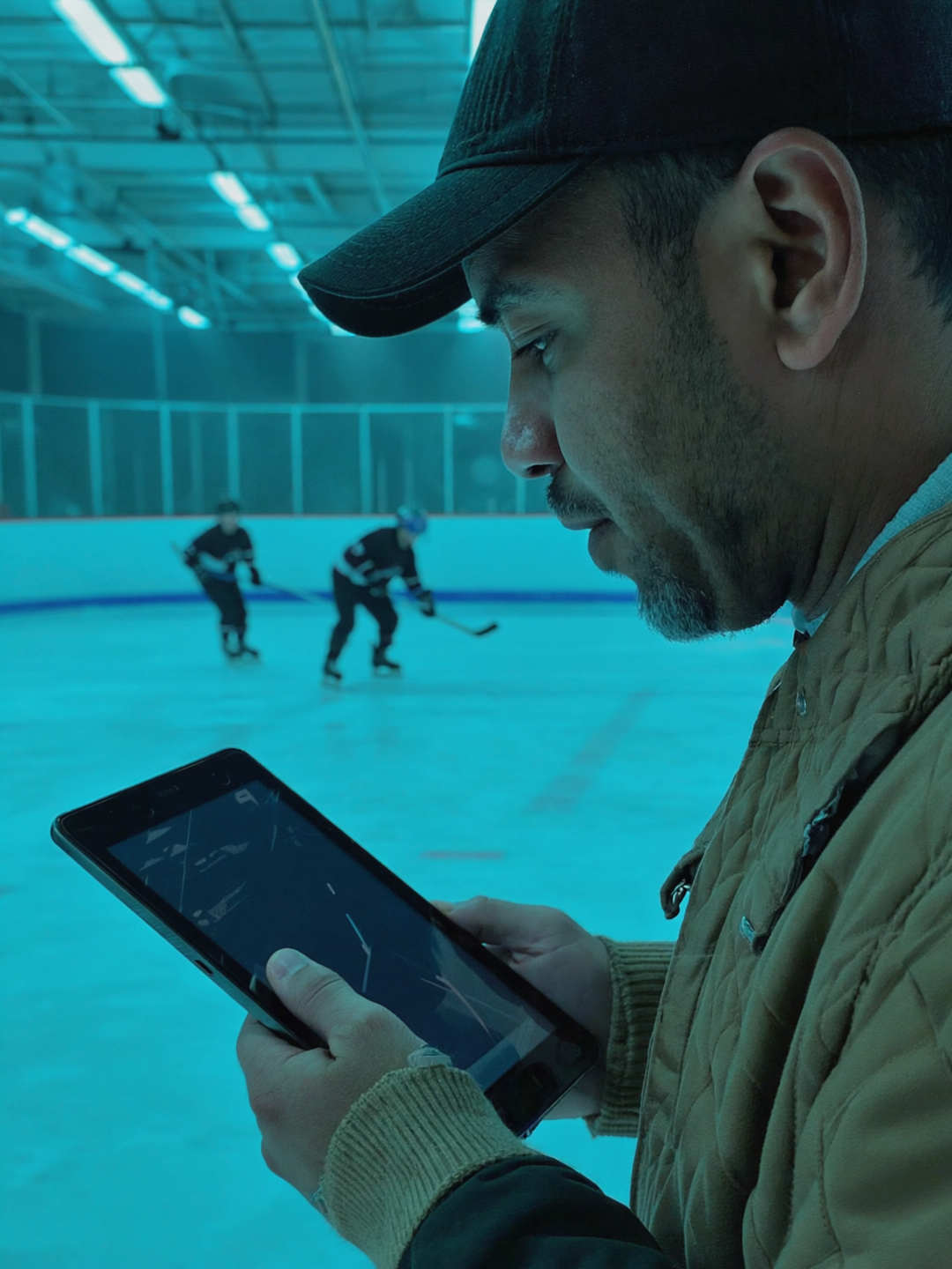 Youth hockey coach scoring an evaluation on a tablet at the rink boards