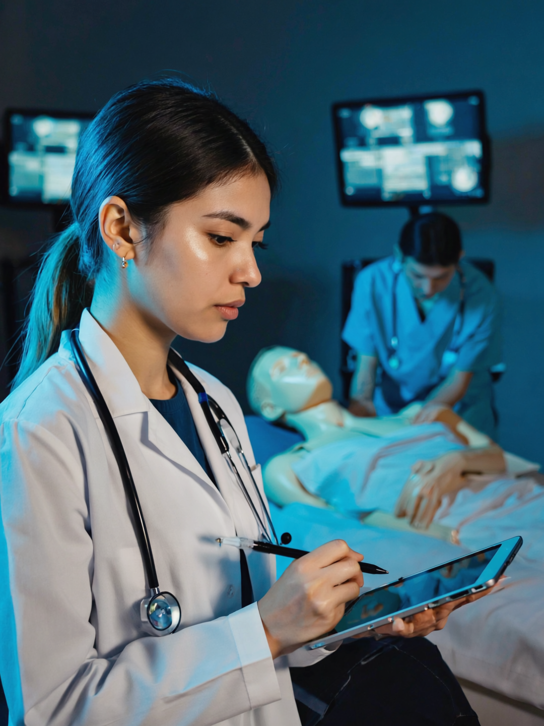 Clinical assessor scoring a trainee on a tablet at a simulation bedside