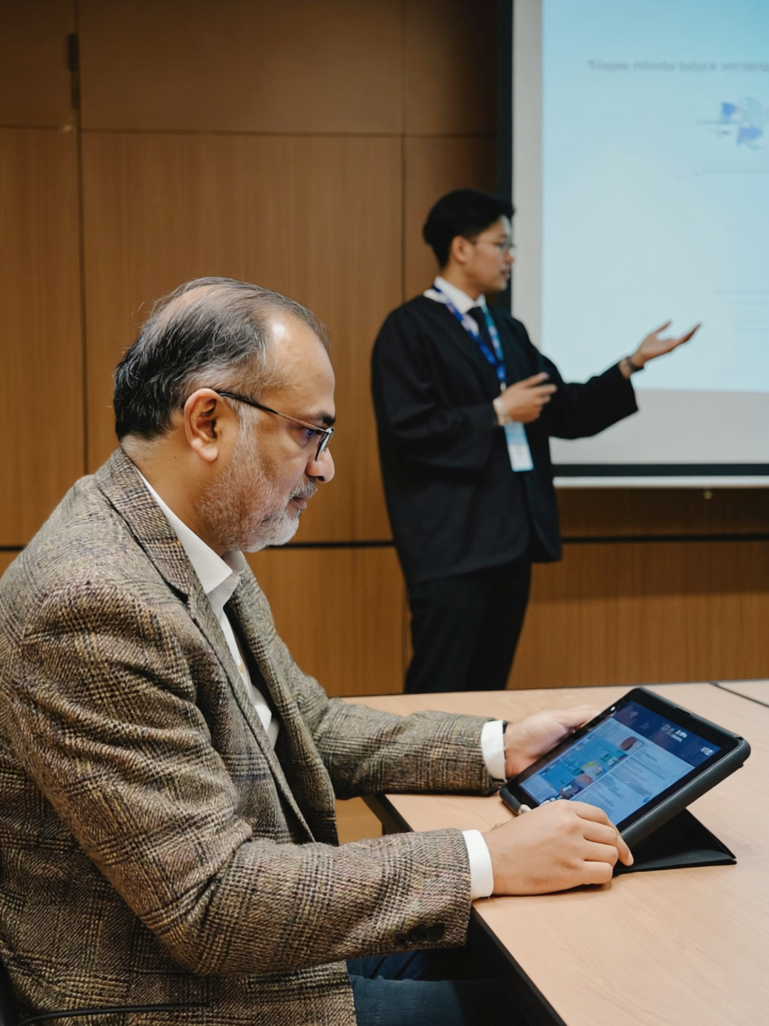 Faculty examiner scoring on a tablet during a thesis defense