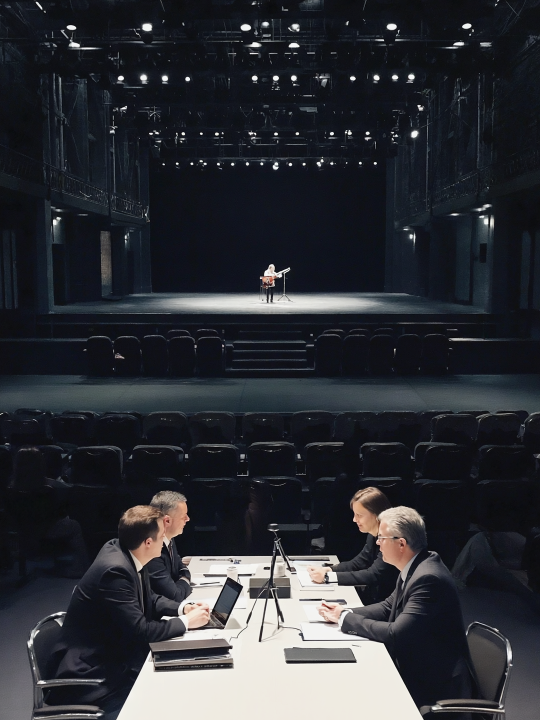 Audition panel scoring independently across a darkened concert hall