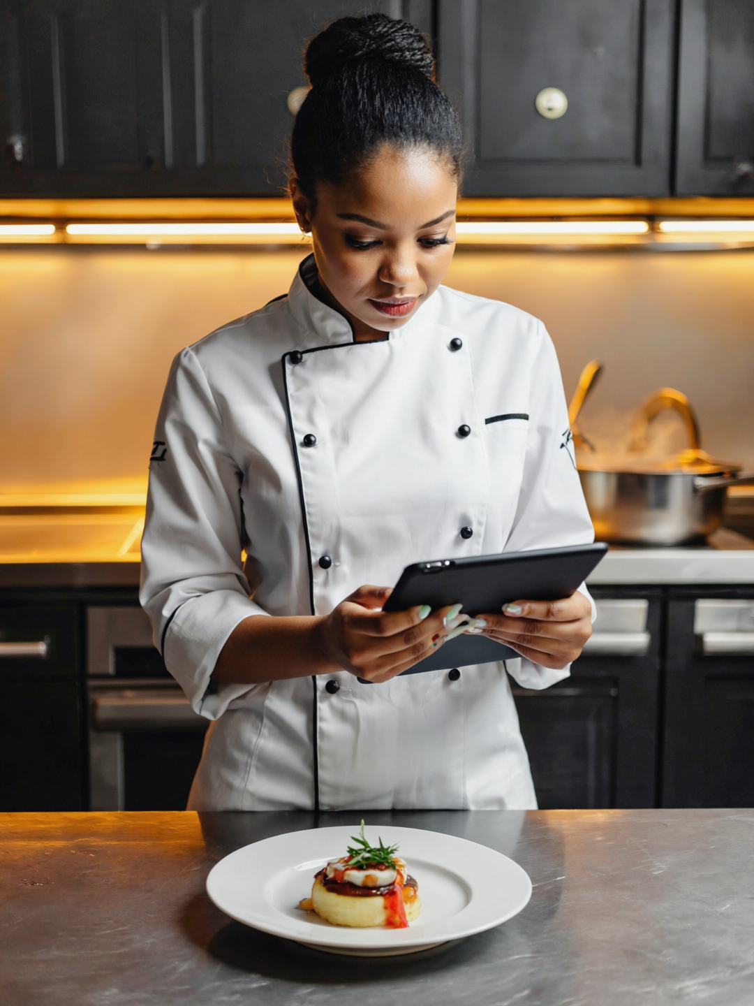 Culinary judge scoring a plated dish on a tablet at the pass