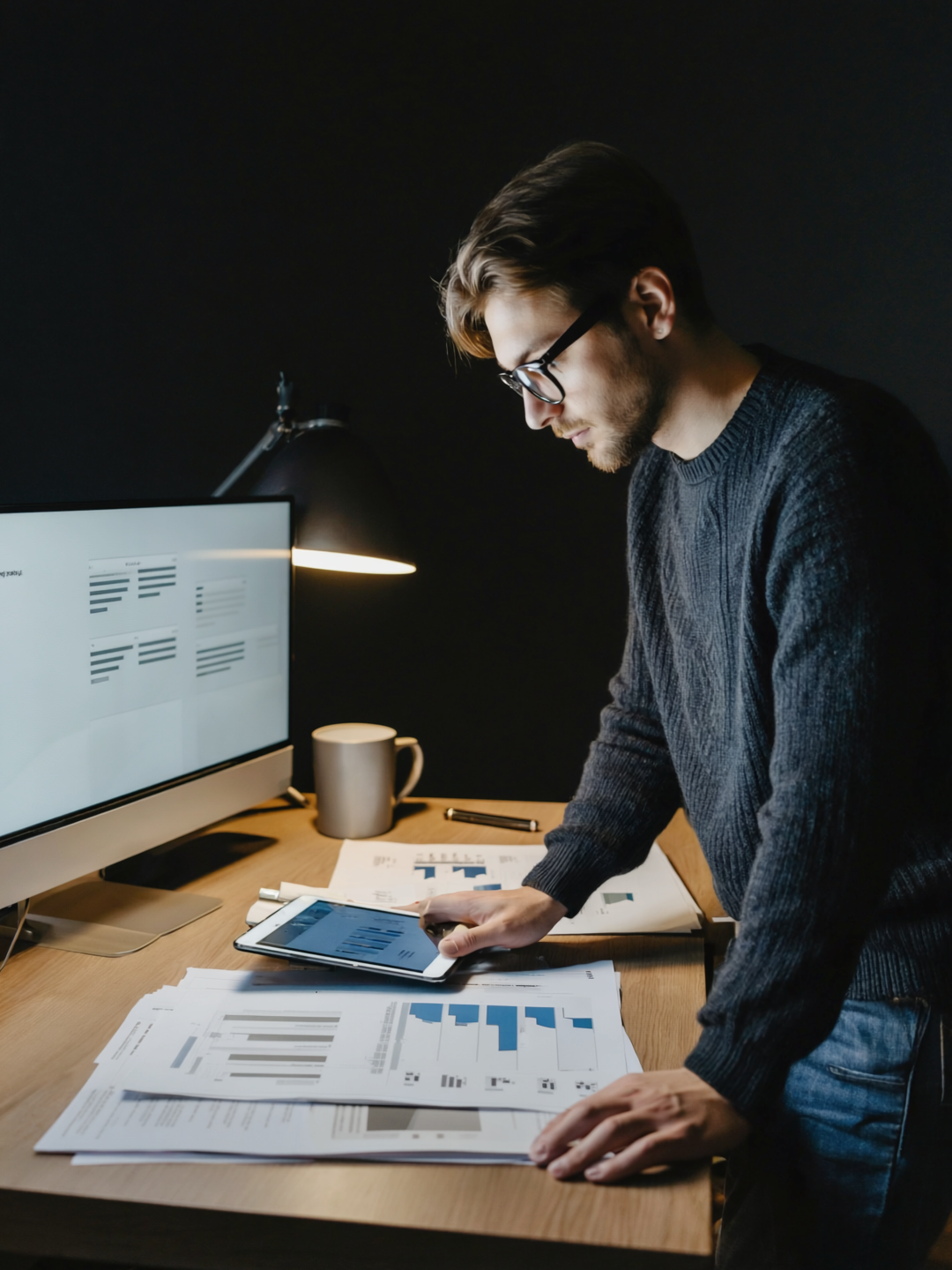 Grant reviewer scoring proposals on a tablet at a desk